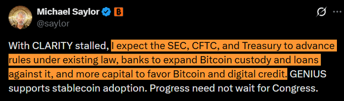 A tweet from Michael Saylor (@saylor) predicting that with CLARITY legislation stalled, the SEC, CFTC, and Treasury will advance crypto rules under existing law, while banks expand Bitcoin custody and loans and more capital flows toward Bitcoin and digital credit, with GENIUS supporting stablecoin adoption.