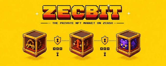 Pixel-art treasure chests display the ZecBit name and tagline, “THE PRIVATE NFT MARKET ON ZCASH,” with three chests connected by shield-and-key symbols. The scene reflects ZecBit’s privacy-first NFT ecosystem on Zcash, where public generative collectibles can have shielded ownership and proof of holding through Zcash Shielded Assets.