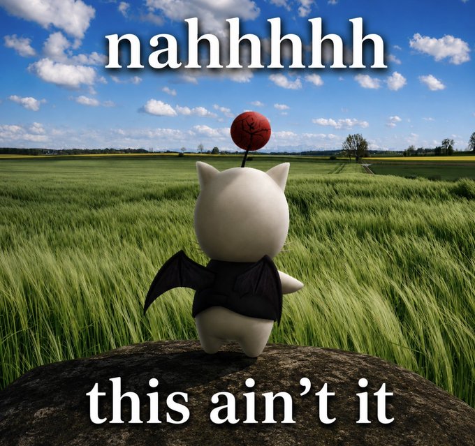 A character with a round white body and black bat wings stands on a rock in a grassy field, with text above and below reading 'nahhhhh' and 'this ain't it'.