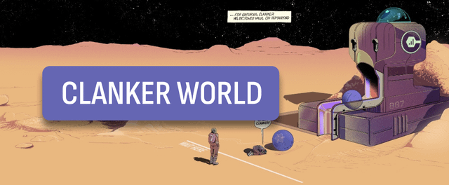 Promotional graphic for 'CLANKER WORLD' featuring a pixelated robot on a Mars-like landscape with a human character nearby.