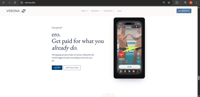 A webpage screenshot shows the URL 'verona.dev' with the headline 'ero. Get paid for what you already do.' and a smartphone mockup displaying a sports app.