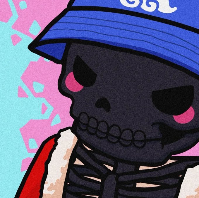A colorful cartoon illustration of a black skeleton character wearing a blue bandana with glowing pink cheeks.