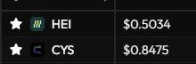 The image shows a dark-themed watchlist or portfolio display with two crypto or stock tickers: "HEI" priced at $0.5034 and "CYS" priced at $0.8475, both marked with star icons indicating they're being tracked. The image directly relates to the post's question of which asset will reach $10 first, as both would need to multiply many times over—HEI roughly 20x and CYS about 12x—to hit that milestone.