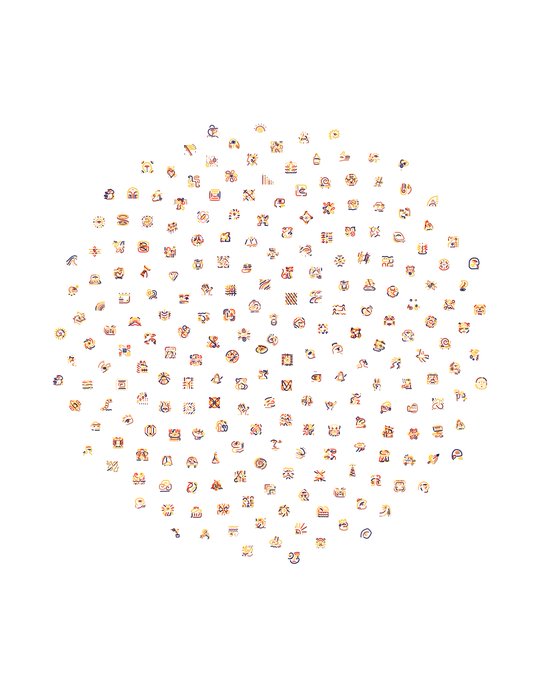 A circular cluster of hundreds of tiny colorful pixel-art icons arranged in a tight honeycomb pattern, likely showcasing a collection of original digital art pieces available on GLiFS.art. The radial arrangement visually represents the community call to "show us the Original you love the most," inviting viewers to browse and share their favorite pieces from the platform.