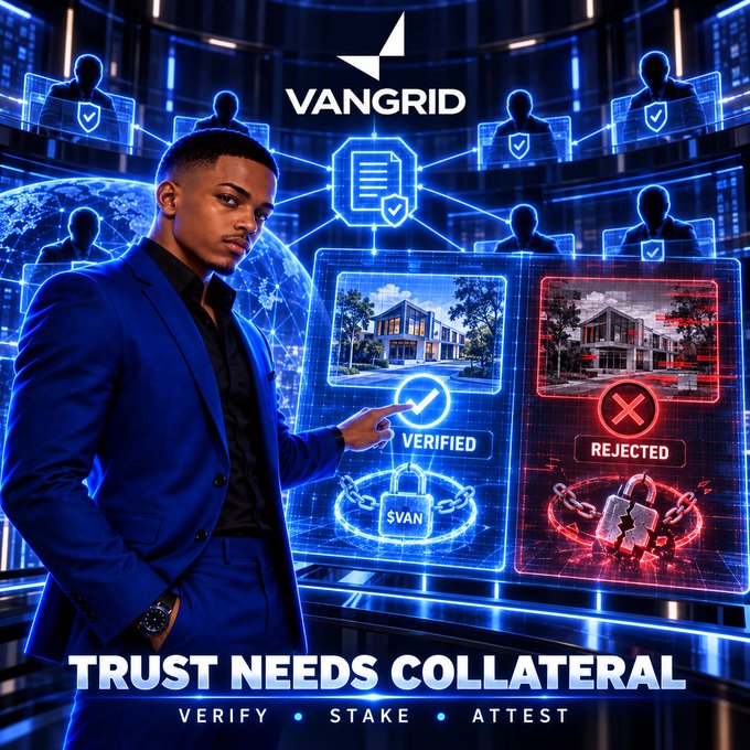 A promotional graphic for 'VANGRID' featuring a man in a blue suit pointing at a futuristic holographic display showing 'VERIFIED' and 'REJECTED' house icons, with the text 'TRUST NEEDS COLLATERAL' and 'VERIFY • STAKE • ATTEST' at the bottom.