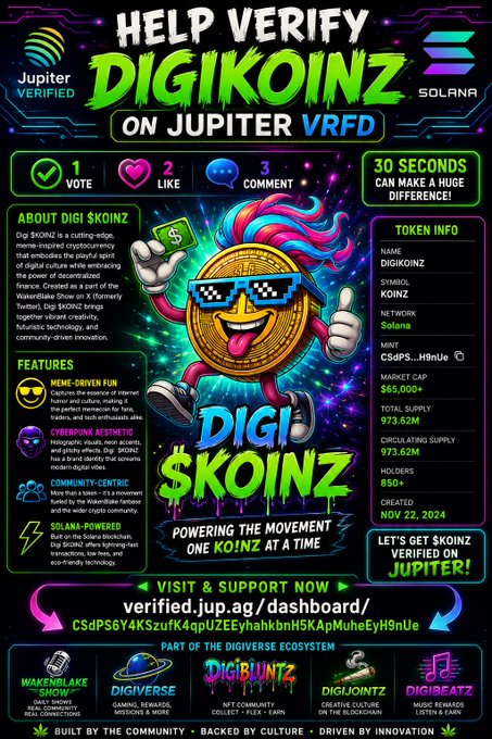 A colorful promotional graphic for 'DIGI $KOINZ' on Jupiter VRFD (Solana), displaying token info (symbol KOINZ, mint CSdPSGY4K, market cap $65,000+, total supply 973.62M) and listing features like meme-driven fun, cyberpunk aesthetic, and community-centric focus, with a cartoon coin mascot wearing sunglasses.