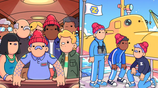 Two cartoon scenes of people on a boat and on land, respectively, with hats and jackets, are depicted against a blue sky backdrop.