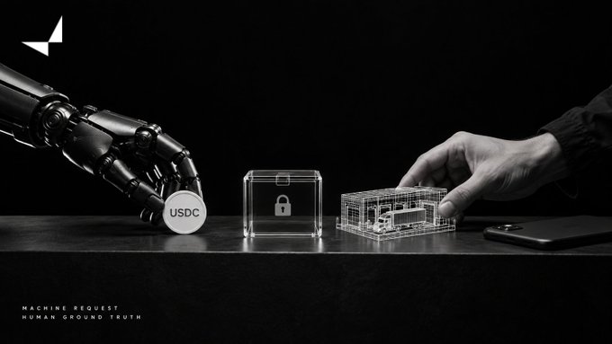 A dark, futuristic image showing a robotic hand holding a USDC coin and a human hand reaching toward a wireframe cube and a locked container, with the text "MACHINE REQUEST HUMAN GROUND TRUTH".