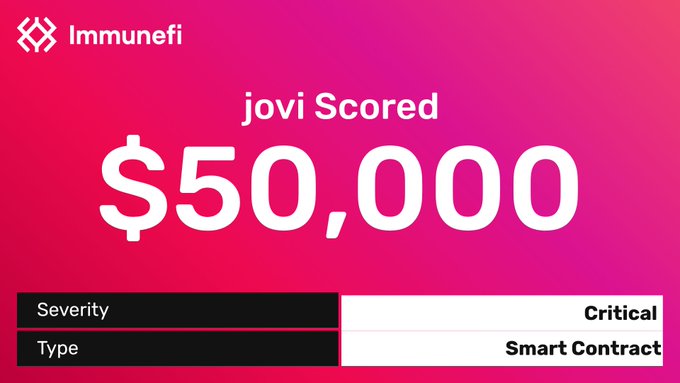 The image is an Immunefi bug bounty announcement card showing "jovi Scored $50,000" with the severity marked as "Critical" and the type as "Smart Contract." It highlights a successful critical bug discovery by Immunefi Allstar @0jovi0 on the Immunefi platform.