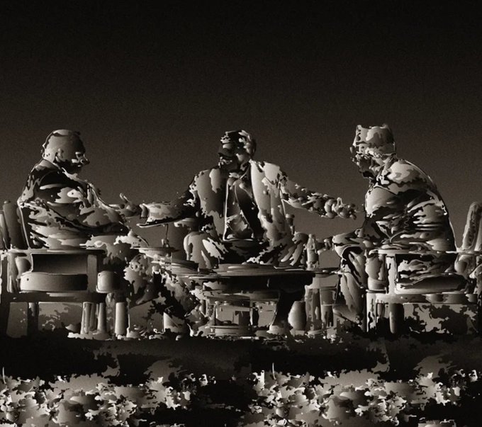 A monochromatic, stylized image or sculpture depicting three figures in suits sitting around a table in what appears to be a meeting, rendered in high-contrast black and white tones.