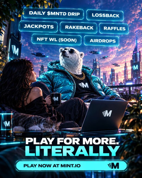 A promotional image for MINT.io features a panda character in a cyberpunk setting with text listing features like "DAILY $MNTD DRIP," "LOSSBACK," "JACKPOTS," "RAKEBACK," "RAFFLES," and the tagline "PLAY FOR MORE. LITERALLY."