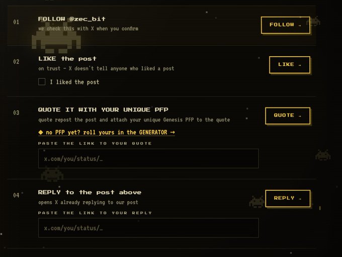 A dark-themed instructions graphic for a social media engagement task listing steps: FOLLOW @zec_bit, LIKE the post, QUOTE IT WITH YOUR UNIQUE PFP, and REPLY to the post above, with input fields for X/Twitter links.