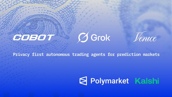 The image features a blue banner that displays the names of four companies: Cobot, Grok, Venice, and Polymarket. The text on the banner states "Privacy first inference. Real-time research. Autonomous". This suggests that these companies are working together to create an AI system for trading in the stock market, which uses automated trading agents powered by Grok's capabilities.