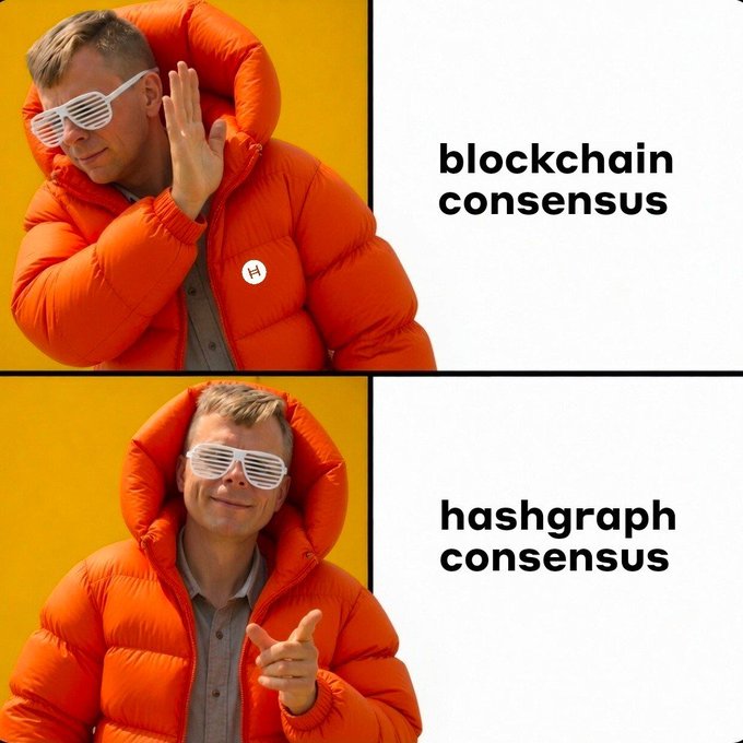 A two-panel meme contrasting 'blockchain consensus' (depicting the man ignoring/blocking with his hand) and 'hashgraph consensus' (depicting the man smiling and pointing welcomingly).
