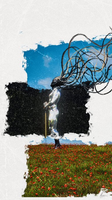 A surreal figure stands alone in a vibrant field of red flowers beneath a dramatic blue and black sky, with an abstract tangle of black ribbons swirling from their head—evoking themes of isolation and the struggle to fit in, fittingly paired with the title "Good Morning To Fit In A World."