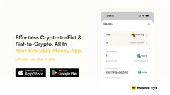 The image is a promotional graphic for the Moove Ramp app, displaying a mobile interface showing a currency exchange from "Town" to "To" with 2.5 Z tokens, alongside the tagline "Effortless Crypto-to-Fiat & Fiat-to-Crypto. All In Your Everyday Money App." This relates to the post by highlighting Moove Ramp's launch in Nigeria, marking the first time users can access this seamless on-ramp/off-ramp feature.