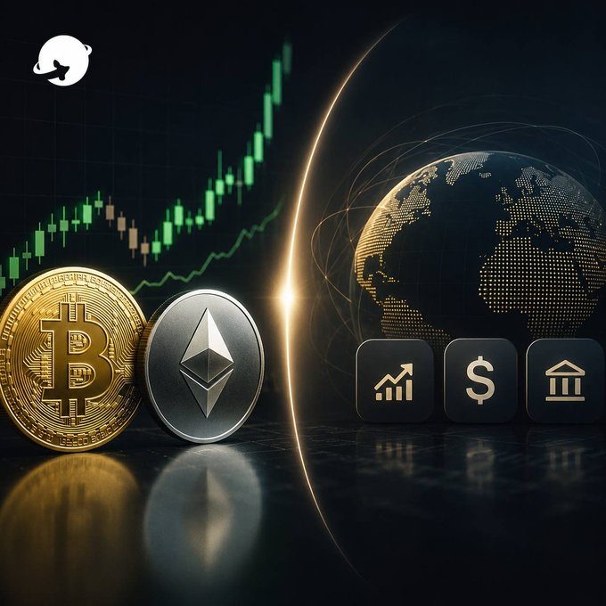 A dark financial graphic featuring Bitcoin and Ethereum coins alongside a green price chart trending upward, a digital globe, and icons representing market growth, currency, and banking.
