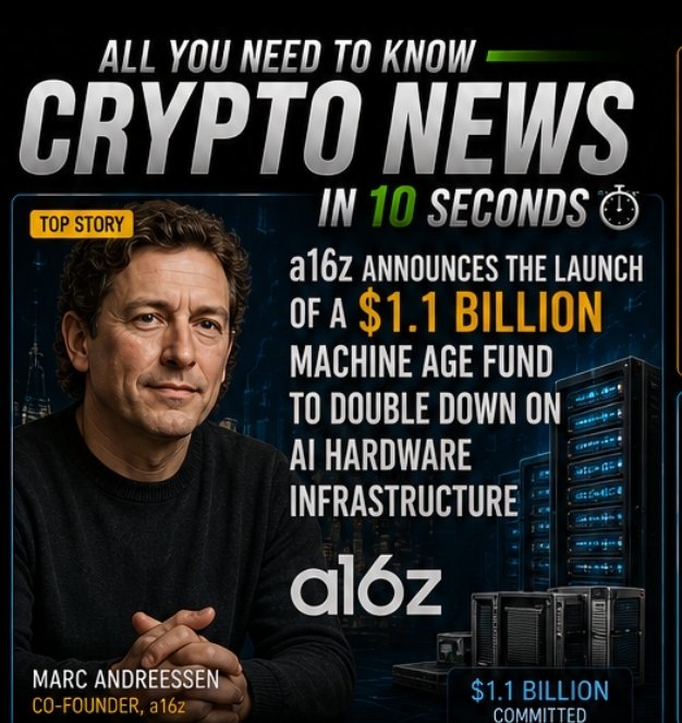 Crypto news graphic announcing that a16z has launched a $1.1 billion Machine Age Fund to invest in AI hardware infrastructure, featuring co-founder Marc Andreessen with the a16z logo and '$1.1 BILLION COMMITTED' text.