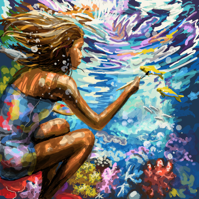 A vibrant digital painting by evzadolls depicting a girl with flowing hair underwater, reaching out to touch yellow fish amidst colorful coral reefs, illustrating the "Dive Into My World" Art Gobblers NFT piece.