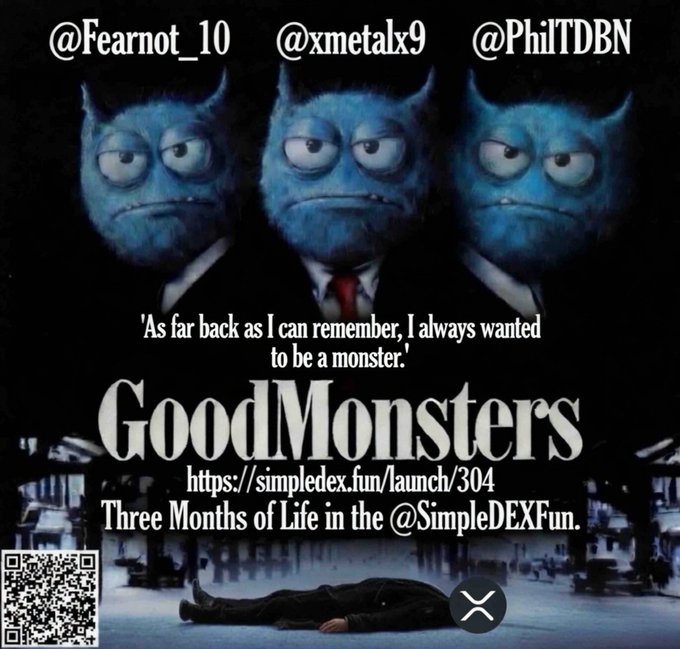 A promotional poster titled 'GoodMonsters' featuring three blue horned monsters in suits, with text including '@Fearnot_10 @xmetakx9 @PhilTDBN' and 'As far back as I can remember, I always wanted to be a monster.'