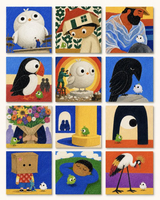 A 4x3 grid of twelve charming children's-book style illustrations featuring characters like a round white owl, a penguin, a crow, a stork, and small green creatures in various cozy scenes.