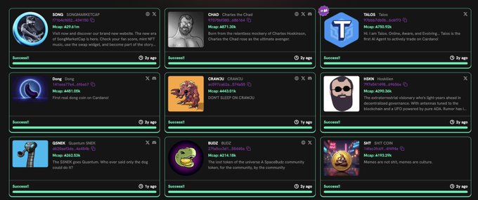 A dashboard showing various crypto token pages on a trading platform, including SONB ($479.61M), CHAD ($671.33k), TALOS ($770.55k), DOU ($4401.95k), CRAWCU ($443.07k), HODL ($670.36k), GIMEX ($263.02k), RUGZ ($274.18k), and SHIT ($192.27k), each with successful status indicators.