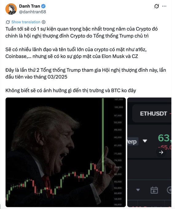 A Vietnamese tweet by Danh Tran (@danhtran68) discussing an upcoming Crypto summit hosted by President Trump, noting the absence of Elon Musk and CZ, alongside an image of Trump pointing at a Bitcoin price chart showing ETHUSDT.