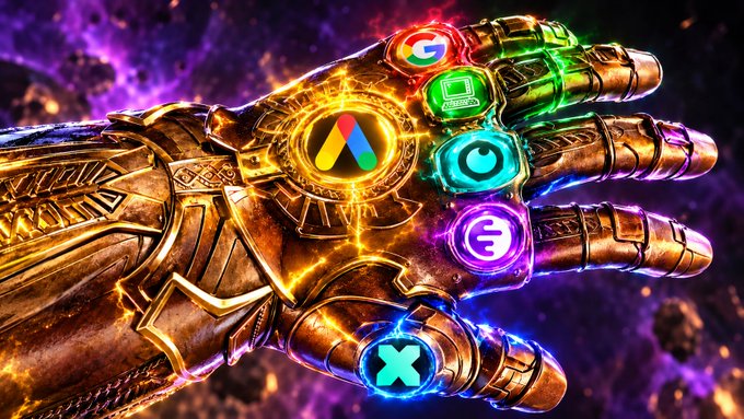 A digitally rendered golden armored gauntlet hand displaying glowing app icons including Google, messages, a play button, and others against a purple cosmic background.