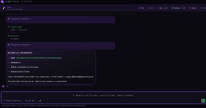 Screenshot of a Script chatbot interface named 'SCRIPT (SCRIPTLAB)' showing a Crypto LLM conversation about CLAWD token with price data, mentioning '0.00008474 per $CLAWD', '$103 notional', and '24h & unavailable (no fresh tape)'.