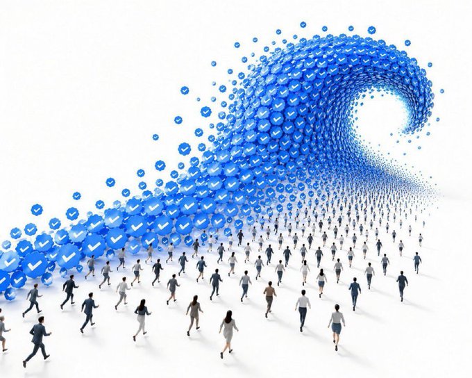A 3D illustration showing a wave of blue check-mark icons rising above a crowd of small human figures, symbolizing social media verification or online trends.