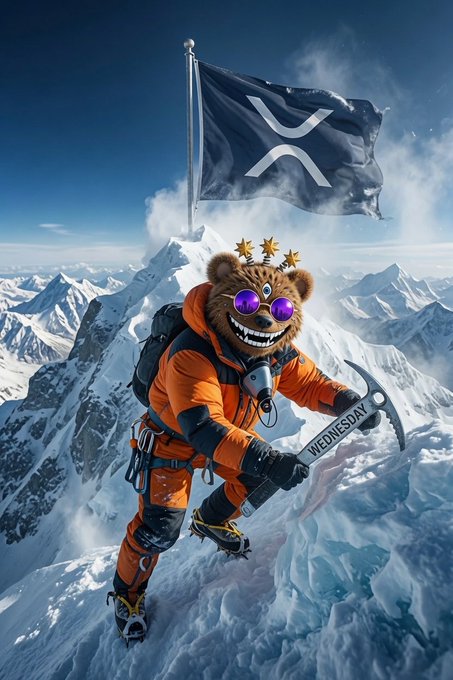 The image features a cartoon bear dressed in an orange suit, standing on top of a snowy mountain with a flag flying above him. The caption reads "Good Morning & Happy Wednesday, $XRP Army! Welcome to Hump Day. The day that separates those who simply make it through the week from those who decide to own it. We’ve already conquered Monday. We pushed through Tuesday. Now we stand at the highest point of the week's".