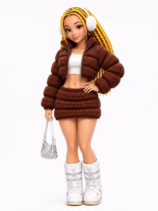 A 3D-rendered character of a young woman with long blonde braids wears a brown crocheted crop top and matching skirt, white boots, white earmuffs, and carries a silver handbag.