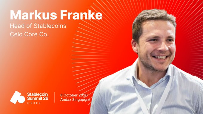 A promotional banner for the Stablecoin Summit 26 by XREX features Markus Franke, Head of Stablecoins at Celo Core Co., scheduled for 8 October 2026 in Andaz Singapore.
