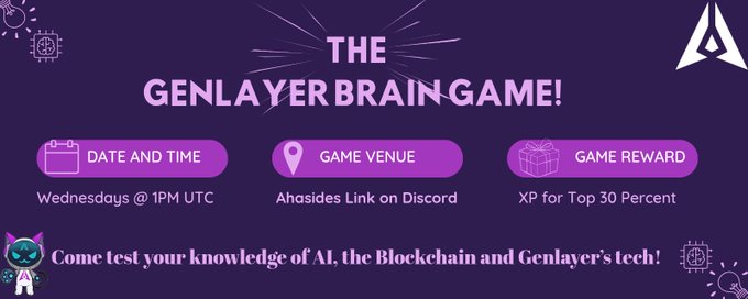 The image features a purple banner with white text that reads "The @GenLayer Blockchain and AI quiz is rebranding into the Genlayer brain game. This game is tough and tests your accuracy and speed on AI, blockchain and Genlayer'S tech. It also has the second highest XP reward. This is my entry for the banner design contest." The image includes a robot character in purple and white colors that says "@GenLayer" at the bottom of the banner.