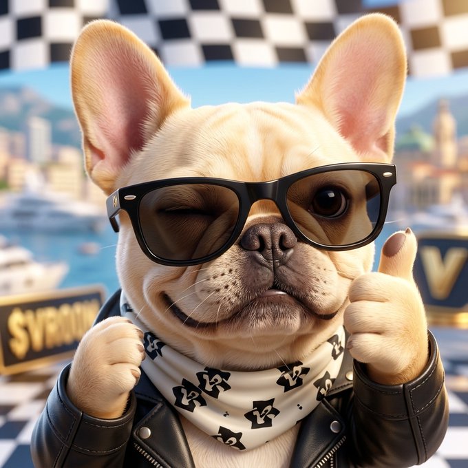 A digital illustration of a French Bulldog wearing black sunglasses, a black leather jacket, and a patterned bandana, giving a thumbs-up against a checkered background with a cityscape.