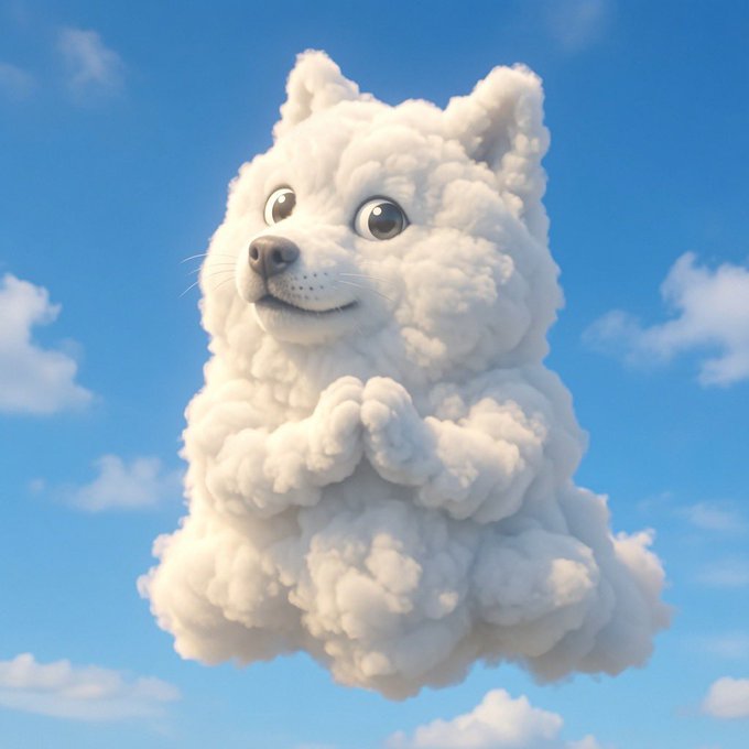A whimsical image of a fluffy white cloud creature resembling a cat or dog with expressive eyes and a smiling face, floating against a bright blue sky with scattered clouds.