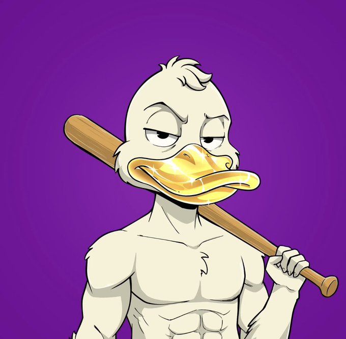 An illustration of a muscular, shirtless white duck with a shiny golden bill holding a wooden baseball bat against a purple background.