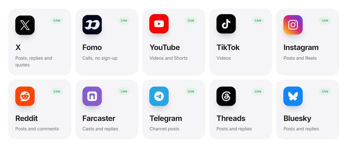 A grid displaying various social media platform integrations including X, Fomo, YouTube, TikTok, Instagram, Reddit, Farcaster, Telegram, Threads, and Bluesky, all marked as 'Live'.