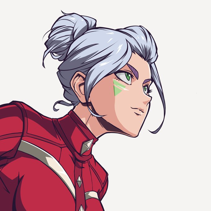 An anime-style illustration of a character with silver-white hair in a bun, green eyes, green face markings, and a red outfit with metallic accents.