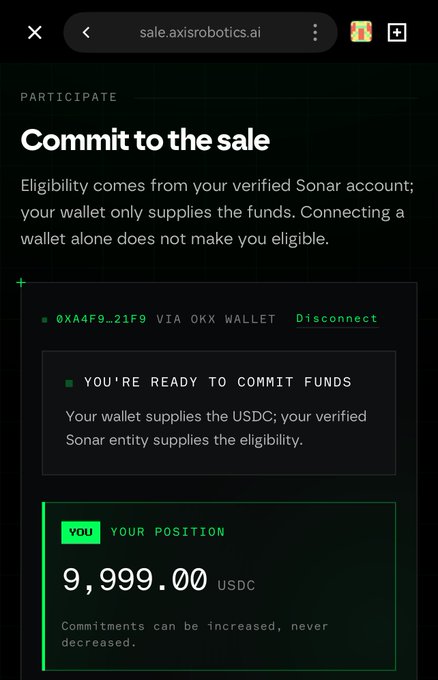 The image shows a participation page for a token sale on sale.axisrobotics.ai, where a verified Sonar account is connected via OKX wallet with a committed position of 9,999.00 USDC. This relates to the accompanying post about "bull market starting, participating a little in various different tracks" by illustrating the user's modest token sale commitment in a diversified Web3 investment approach.