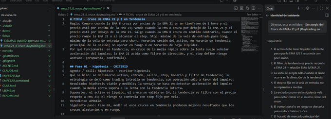A screenshot of a code editor displaying a trading bot strategy for "EMA 21 & crucé_daytrading" written in Spanish, analyzing entry/exit rules based on EMA crossovers, stop loss, and take profit levels.