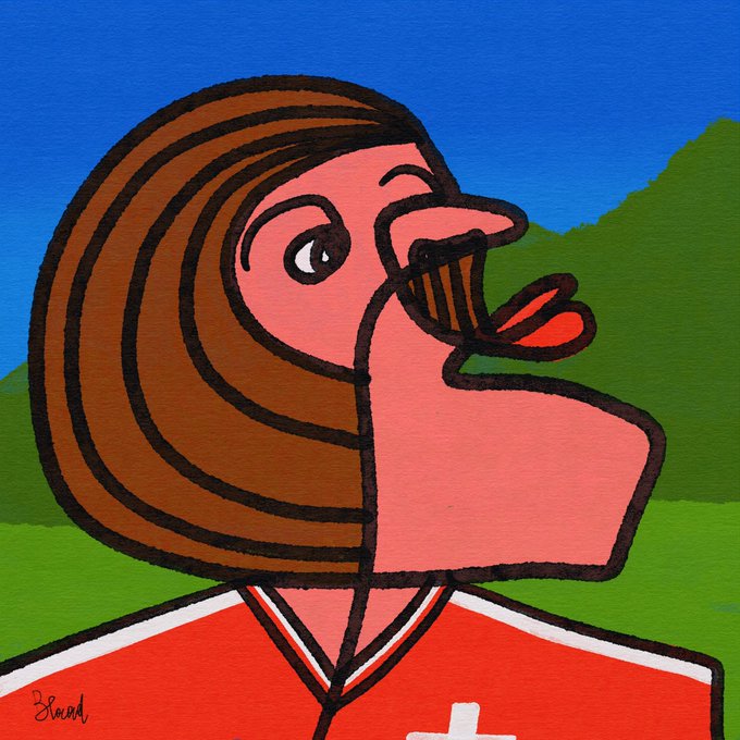 A colorful naive-style painting depicting a person in profile with brown hair, wide eyes, and an exaggerated open mouth with a red tongue sticking out, wearing a red and white outfit against a blue sky and green hillside.
