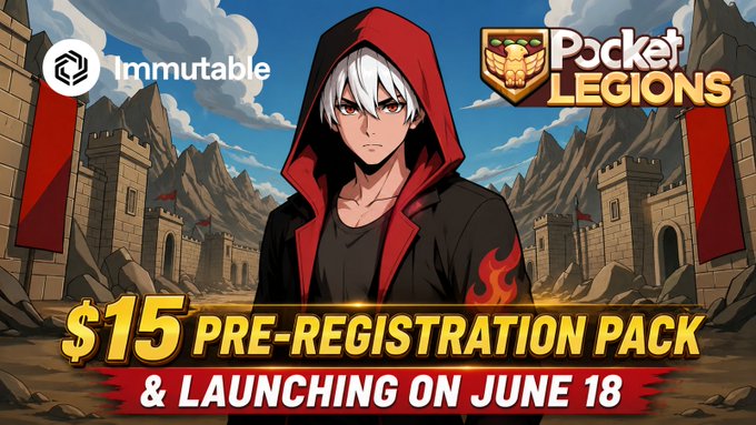 The image features a large gray banner with red text that announces the launch of a mobile game called Pocket Legends. This game appears to be an immersive strategy RPG set within the Roman Empire, where players can build and manage their own city or empire from virtual resources. There is also information about pre-registration for this new game and the opportunity for fast-track registration at $15. 

The image shows a man in the foreground with a red hoodie on and he is looking directly at the viewer, giving an air of confidence and excitement as he announces the launch date. The text "Pocket Legends" and "Immutable" can be seen, indicating that this game is developed by Immutable and will only function within a web3 strategy gaming environment called Pocket Legends.