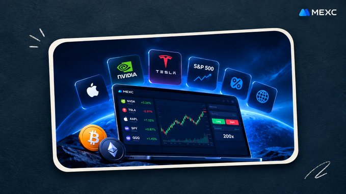 A promotional graphic for the MEXC cryptocurrency exchange featuring a laptop displaying a trading chart, alongside logos for NVIDIA, Tesla, Apple, S&P 500, Bitcoin, and Ethereum.