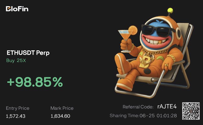 A BloFin promotional graphic showcasing a successful ETHUSDT Perp long position with 25X leverage, which gained +98.85% (entry at 1,572.43, mark price 1,634.60), featuring a cartoon mascot lounging with a cocktail and referral code "rAJTE4" to advertise the platform's premium trading group call that bottom-caught Ethereum.