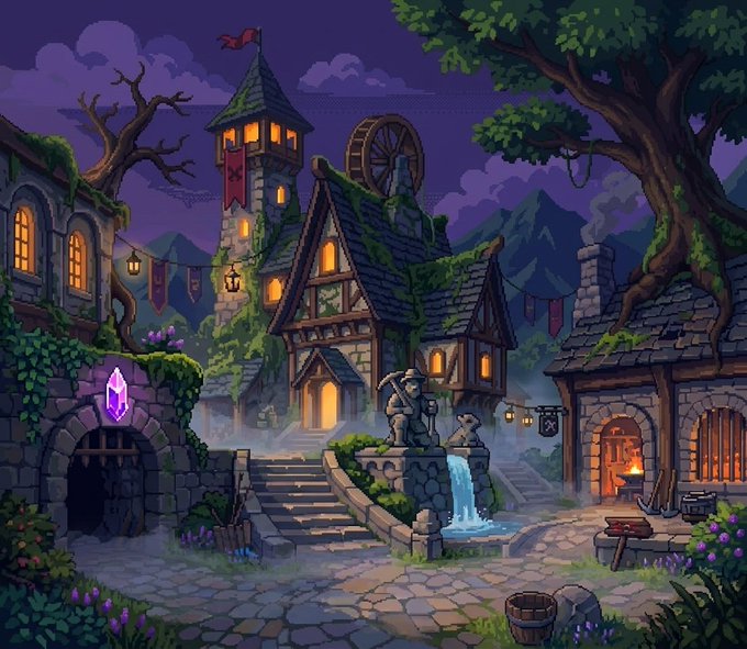 A medieval fantasy village with a stone tower, thatched-roof houses, a blacksmith's forge, and glowing crystals serves as the backdrop for a post announcing updated crypto/NFT wallets ahead of a mint, with the village imagery evoking the "mines" mentioned in the message.