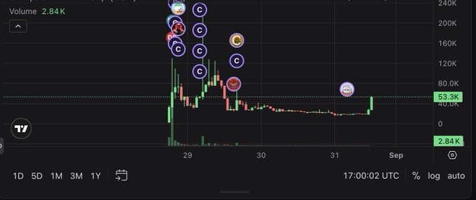 A dark-themed crypto price chart shows volume at 2.84K and a price near 53.3K after a volatile surge, with multiple circular “C” markers and no ticker visible. The image supports the post’s claim that a prominent Japanese manga artist may be backing a newly launched token on Pump, generating speculation and early trading activity.