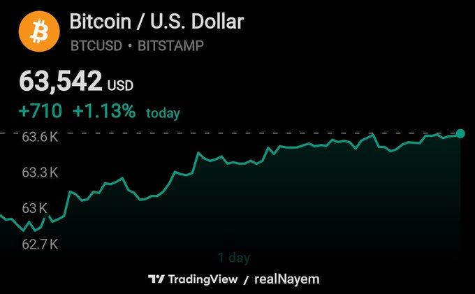 TradingView price chart for Bitcoin / U.S. Dollar (BTCUSD on BITSTAMP) showing a current price of $63,542 USD, up +710 (+1.13%) today, with a 1-day line graph trending upward from around $62.7K.