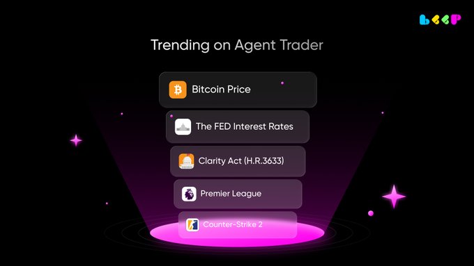 A dark-themed promotional graphic for "Agent Trader" displays five trending prediction categories in stacked cards: "Bitcoin Price," "The FED Interest Rates," "Clarity Act (H.R.3633)," "Premier League," and "Counter-Strike 2," illustrating the platform's versatility in predicting outcomes across crypto, politics, sports, and esports markets as described in the post.