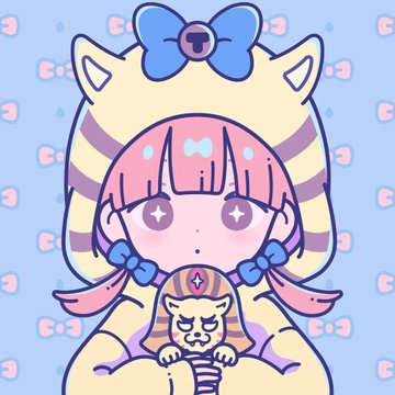 A pastel-toned digital illustration features a pink-haired character with a blue bow and cat-eared hood holding a small tiger-striped penguin, matching the described "dropchan×TORAMATSU" collab NFT received from Chaerna-san. The cute, gentle design reflects the heartwarming aesthetic highlighted in the post.